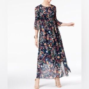 ECI New York navy multi color smocked floral maxi dress